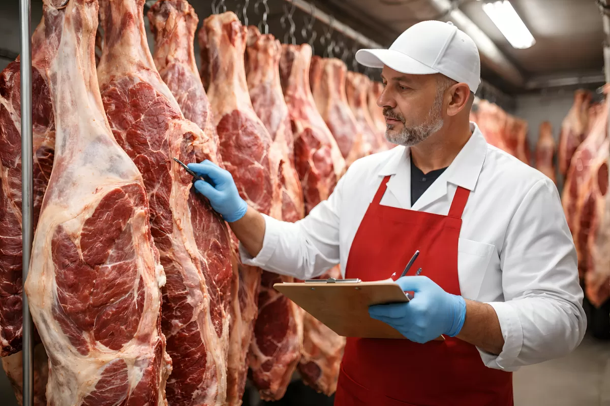 Fleischprüfer kontrolliert Rinderhälften im Kühlhaus