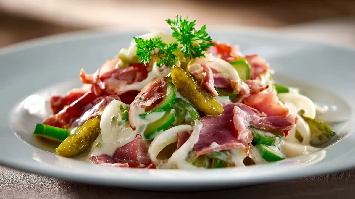 Fleischsalat mit Back Schinken und Gurken