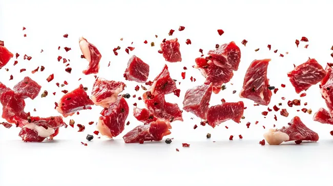 Fleischstücke in fliegender Bewegung auf weißem Hintergrund