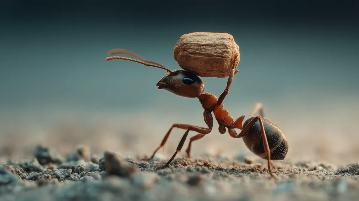 Fleissige Ameise trägt Nuss durch die Wüste