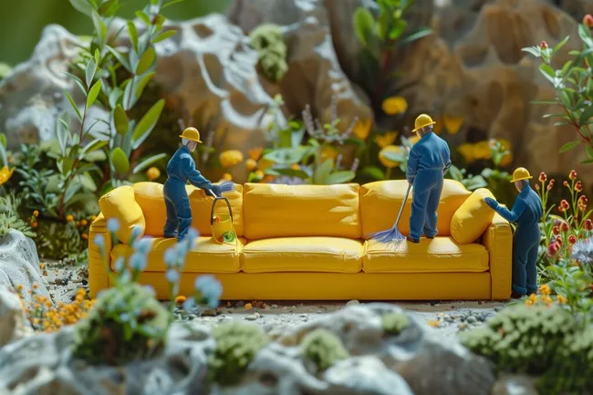 Fleißige Arbeiter säubern üppiges Sofa in paradiesischer Szenerie