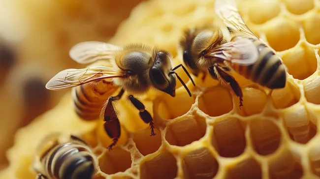Fleißige Bienen auf Bienenwabe in Nahaufnahme