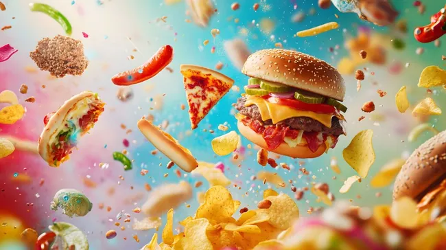 Fliegende Burger, Pizza & Co. in knalligen Farben