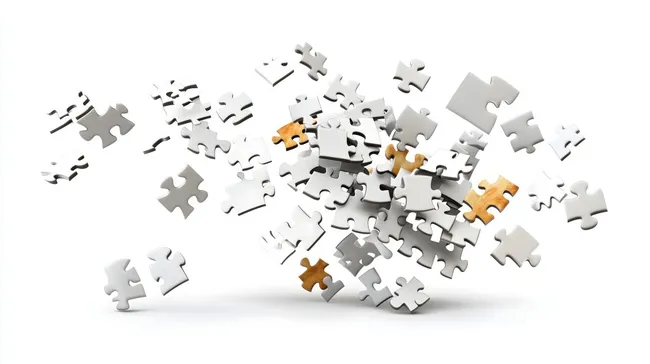 Fliegende Puzzleteile auf weißem Hintergrund