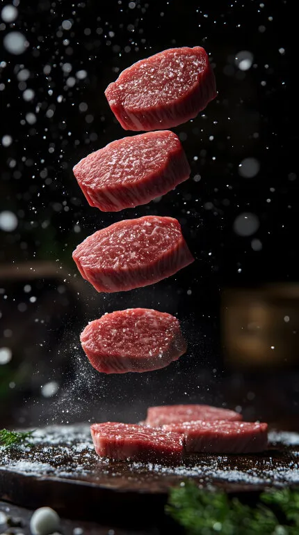 Fliegende Rindfleischstücke mit Salzflocken