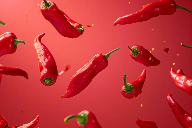 Fliegende rote Paprikaschoten auf rotem Hintergrund