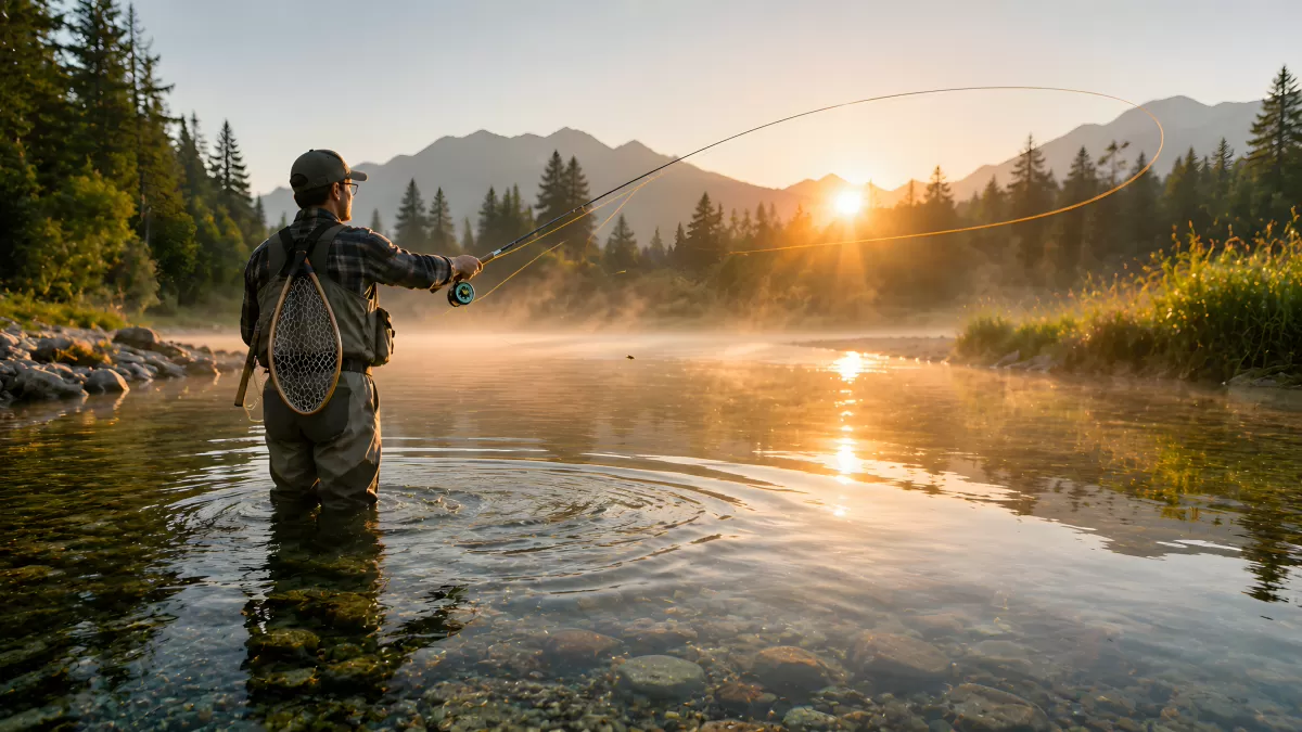 Fliegenfischer im Fluss beim goldenen Sonnenaufgang