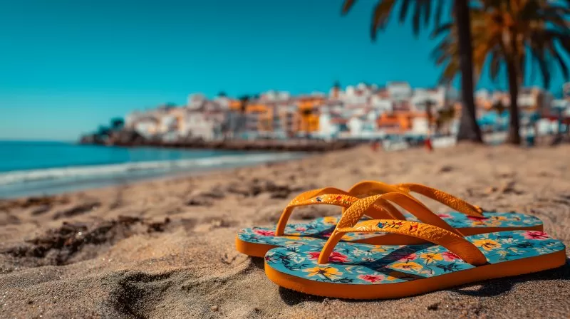 Flip Flops am Strand mit Blick auf Küstenstadt