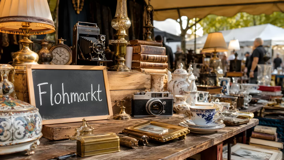 Flohmarkt-Stand mit Vintage-Kameras und Antiquitäten