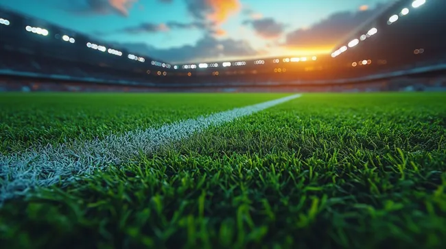 Floodlit Fußballstadion bei Sonnenuntergang