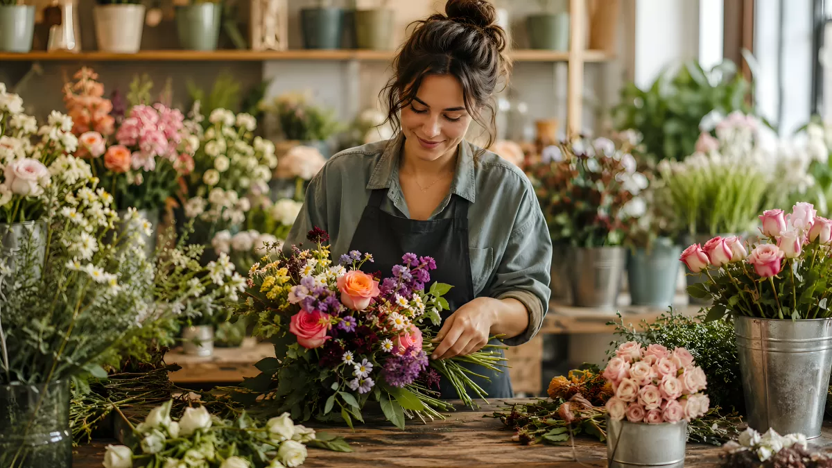 Floristin arrangiert bunten Blumenstrauß im Blumenladen