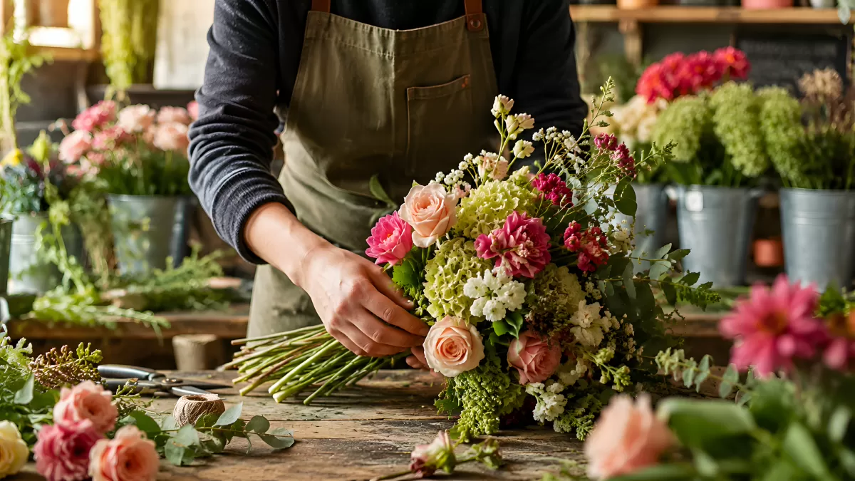 Floristin arrangiert bunten Blumenstrauß in Werkstatt