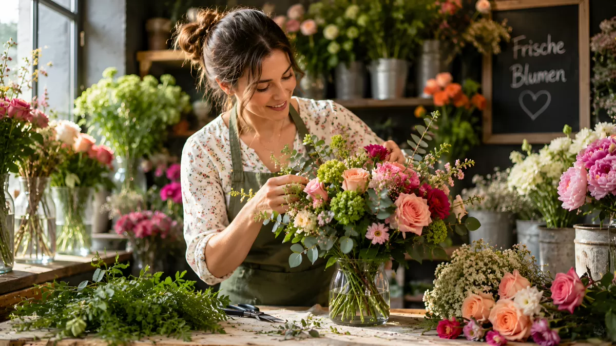 Floristin arrangiert Frühlingsstrauß in hellem Blumenladen