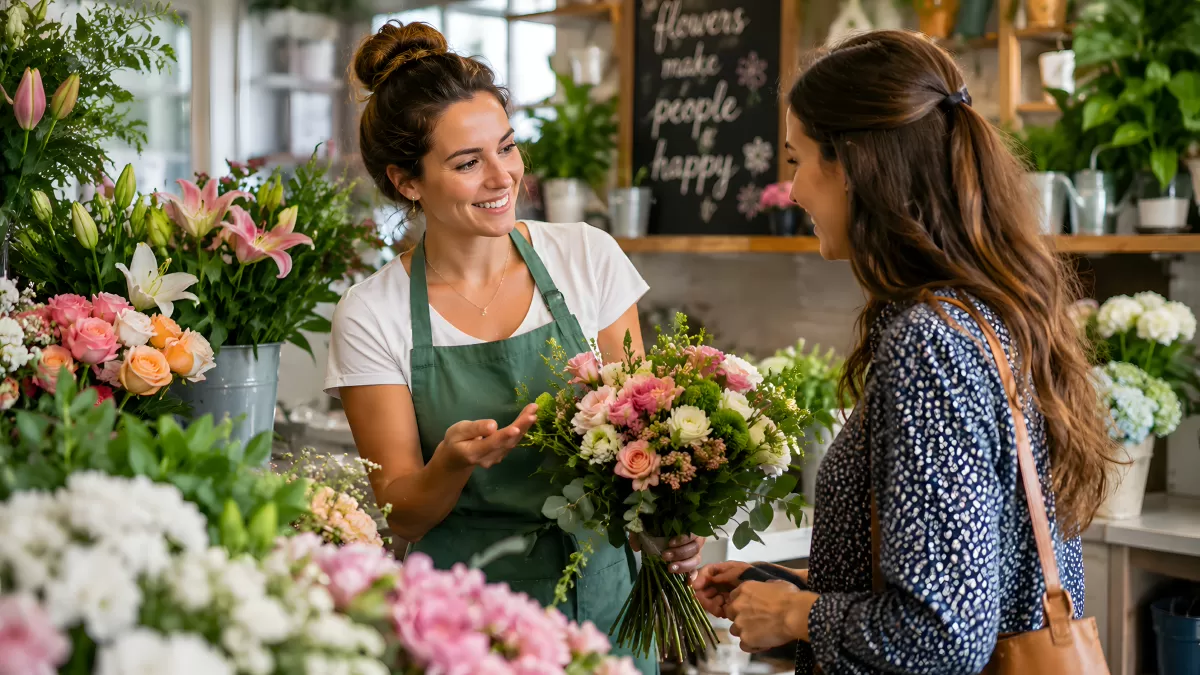 Floristin berät Kundin mit Blumenstrauß im Blumenladen