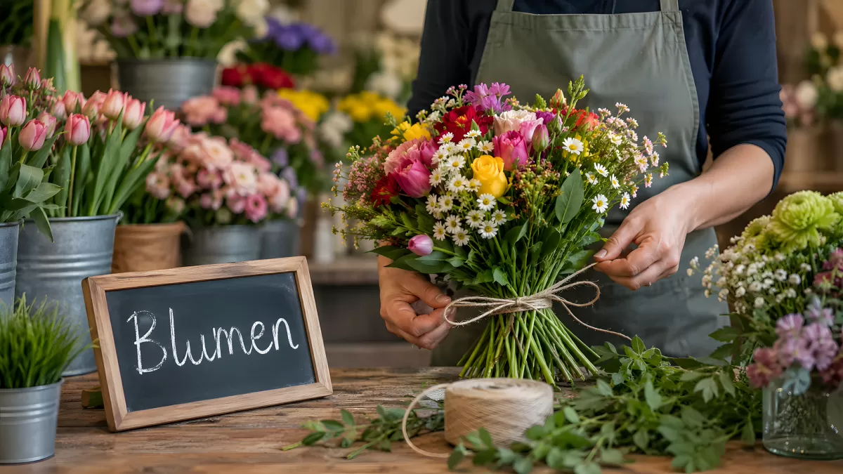 Floristin bindet bunten Frühlingsstrauß im Blumenladen