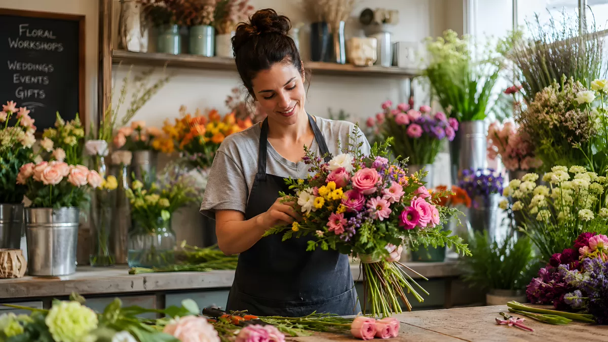 Floristin bindet farbenfrohen Blumenstrauß im Laden