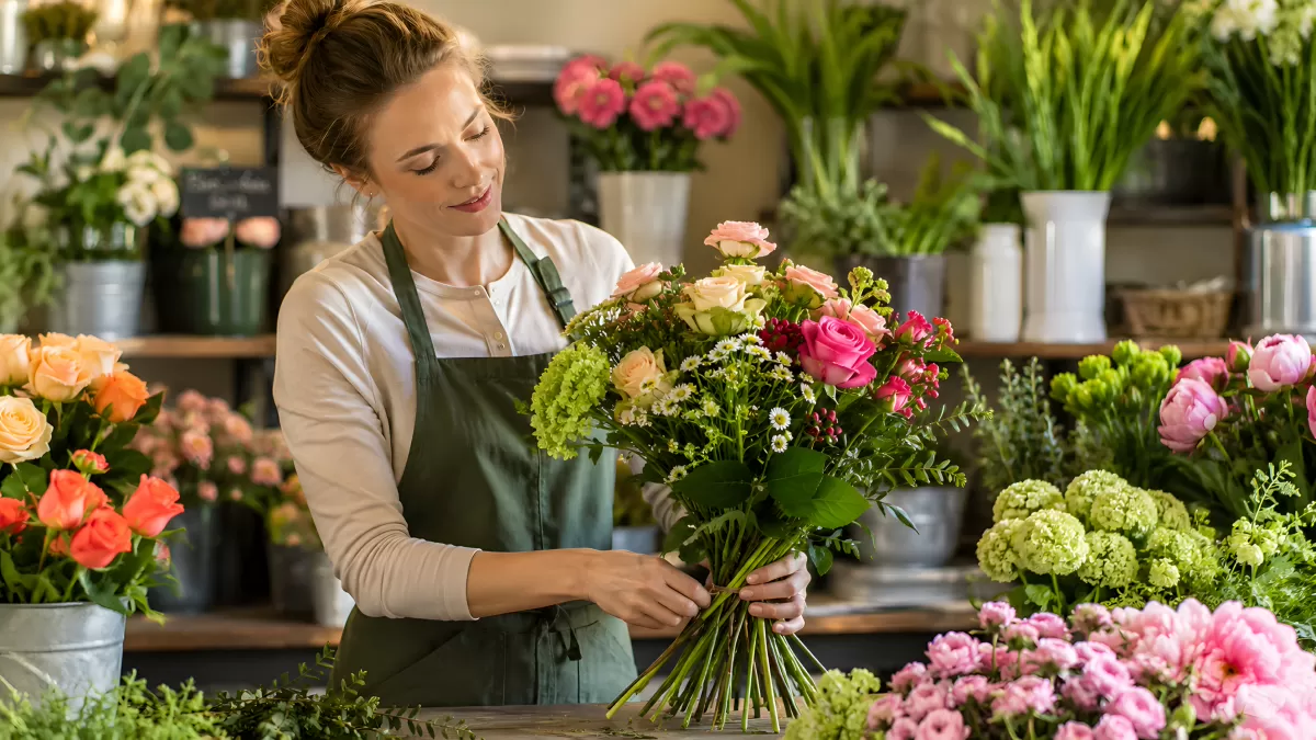 Floristin bindet farbenfrohen Strauß im Laden