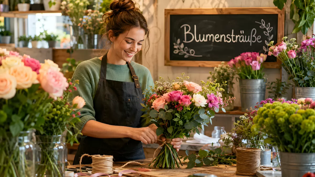 Floristin bindet fröhlich einen bunten Blumenstrauß