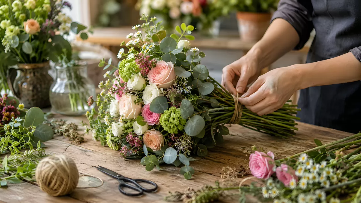 Floristin bindet Frühlingsstrauß mit Rosen und Eukalyptus