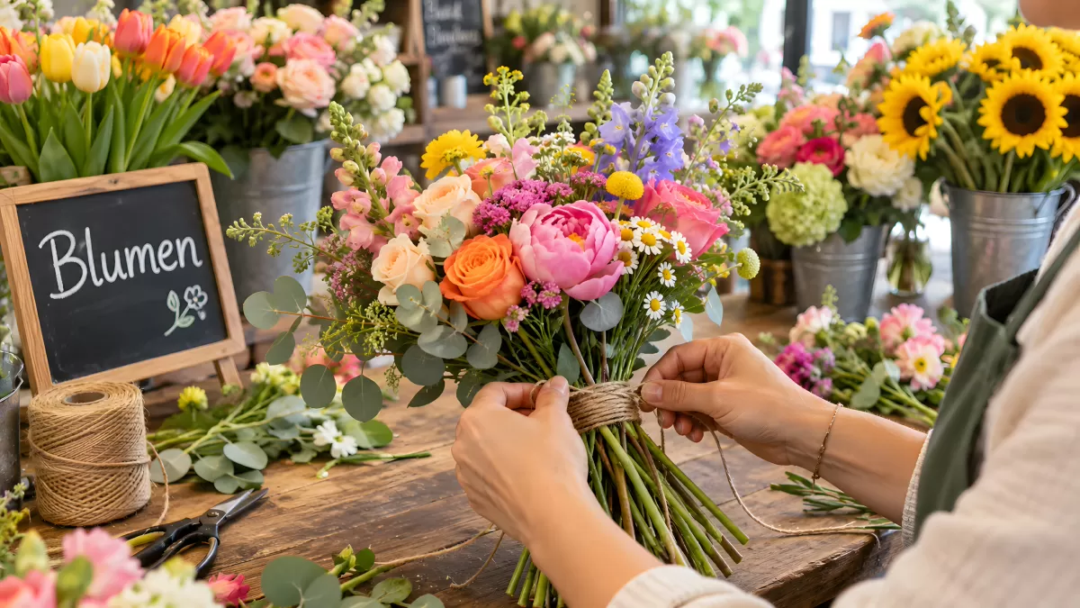 Floristin gestaltet farbenfrohen Frühlingsstrauß