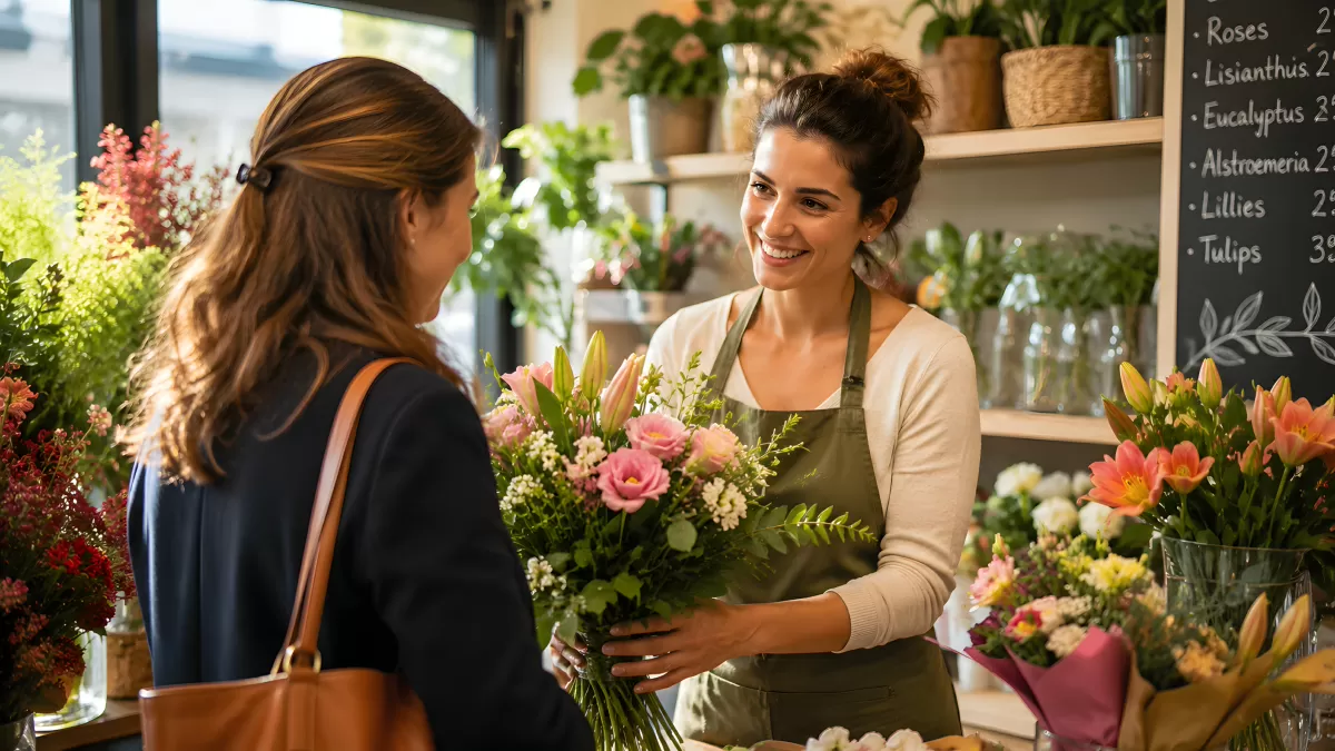 Floristin überreicht Kundin einen bunten Blumenstrauß