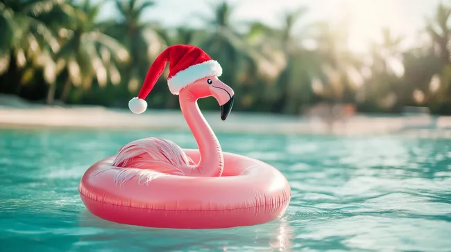 Flotter Flamingo-Urlaubsbegleiter mit Weihnachtsmütze im Tropischen Paradies