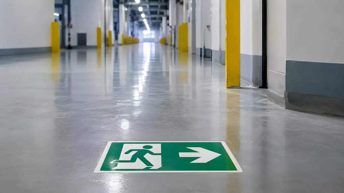 Fluchtweg-Bodenmarkierung in einem Industriegebäude