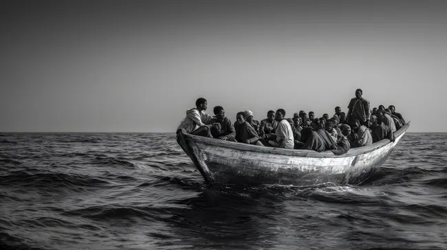 Flüchtlingsboot auf stürmischer See in Schwarzweiß