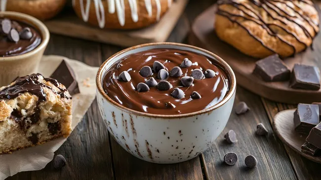 Flüssige Schokolade mit Schokochips und Gebäck