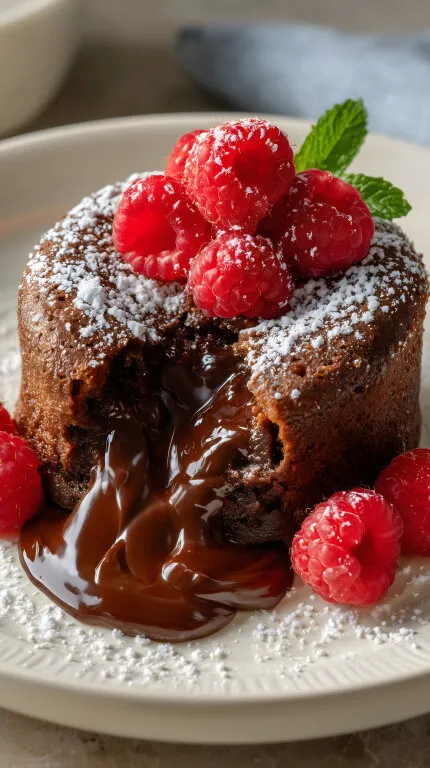 Flüssiger Schokoladen-Lava-Kuchen mit Himbeeren