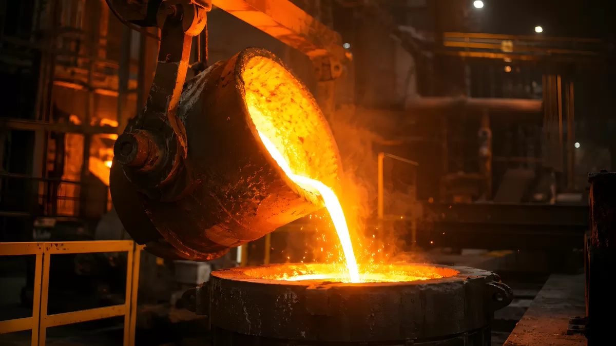 Flüssiges Metall wird in Stahlwerk gegossen