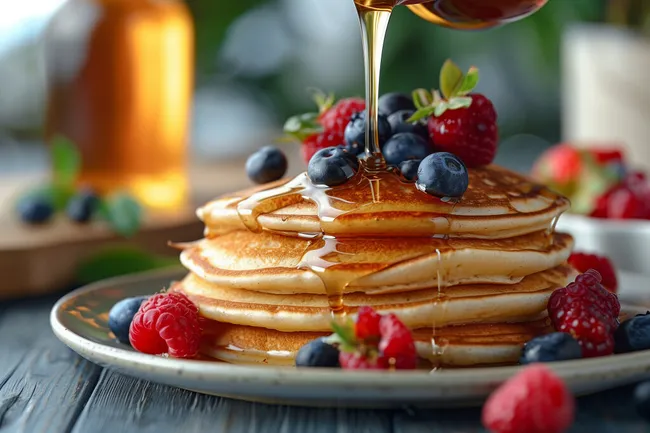 Fluffige Pfannkuchen mit Beeren und Ahornsirup