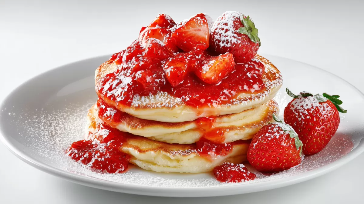 Fluffige Ricotta-Pancakes mit Erdbeerkompott – Photoreal