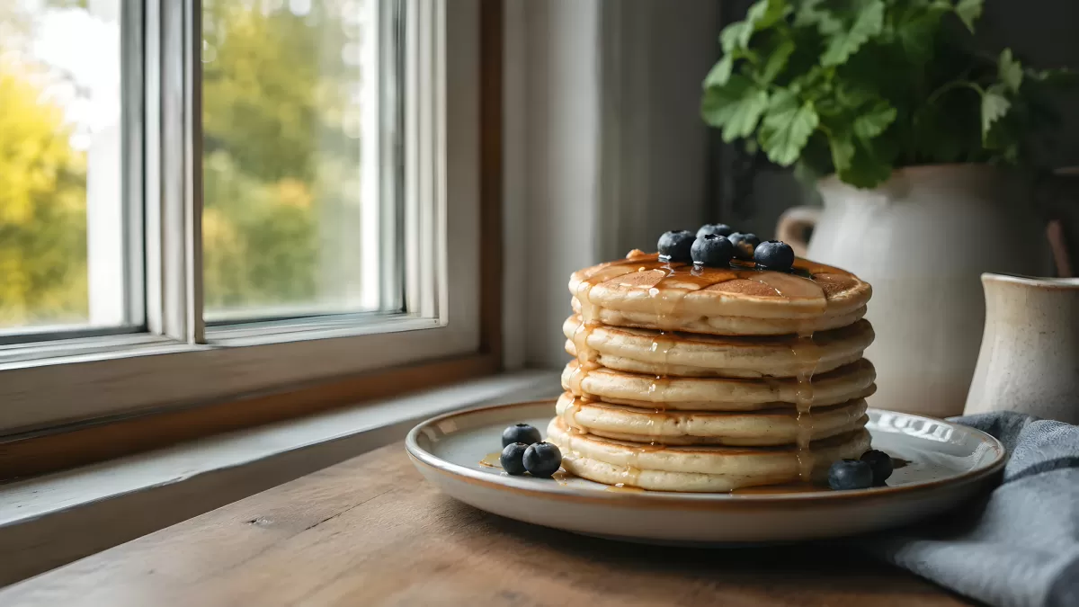 Fluffiger Pfannkuchen-Stapel mit Blaubeeren