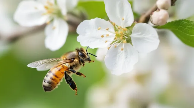 Flugfreudige Honigbiene bestäubt weiße Apfelblüte
