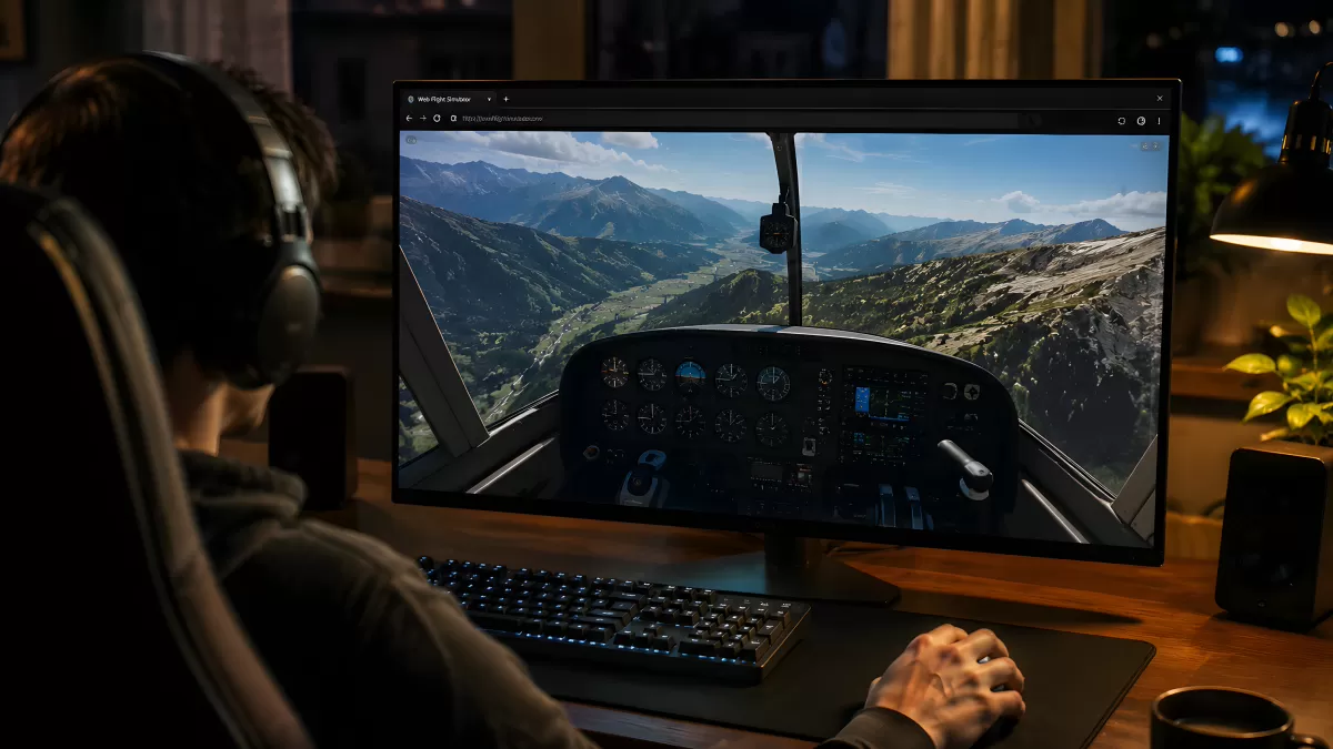 Flugsimulator auf PC – Cockpit über Berglandschaft