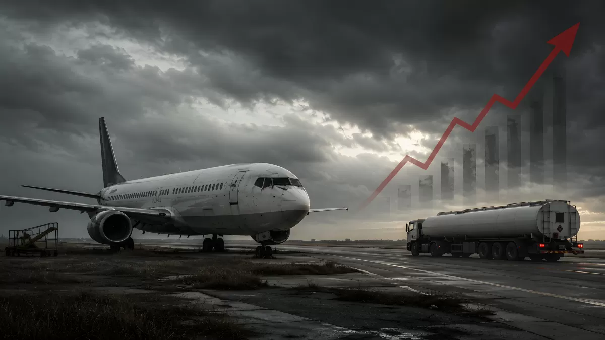 Flugzeug auf Rollbahn mit steigendem Kostengraph