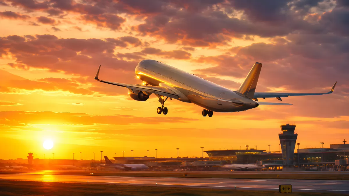 Flugzeug hebt bei goldenem Sonnenuntergang ab