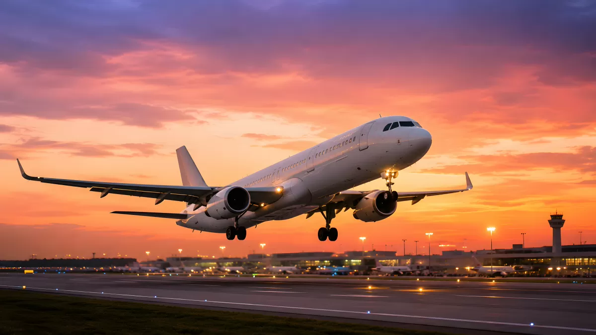 Flugzeug hebt bei stimmungsvollem Sonnenuntergang ab