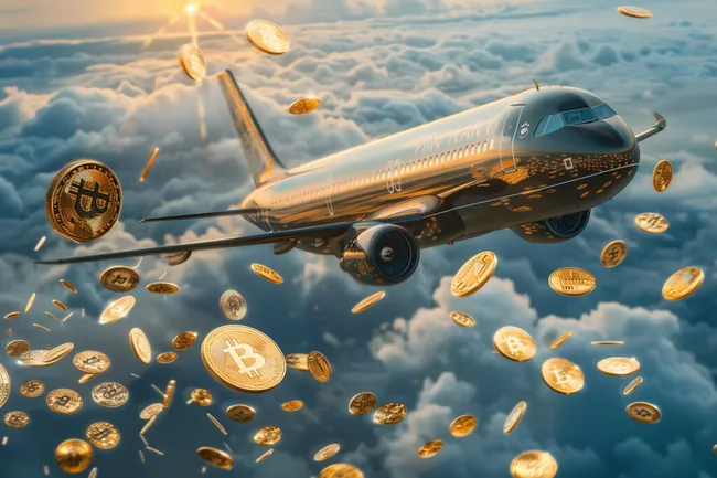 Flugzeug im Flug mit fallenden Bitcoins