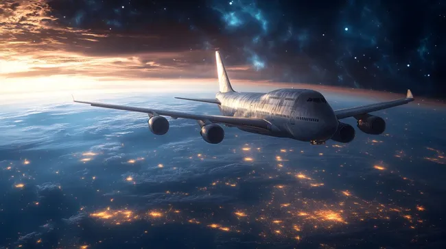 Flugzeug in atemberaubender Weltraumatmosphäre über der Erde