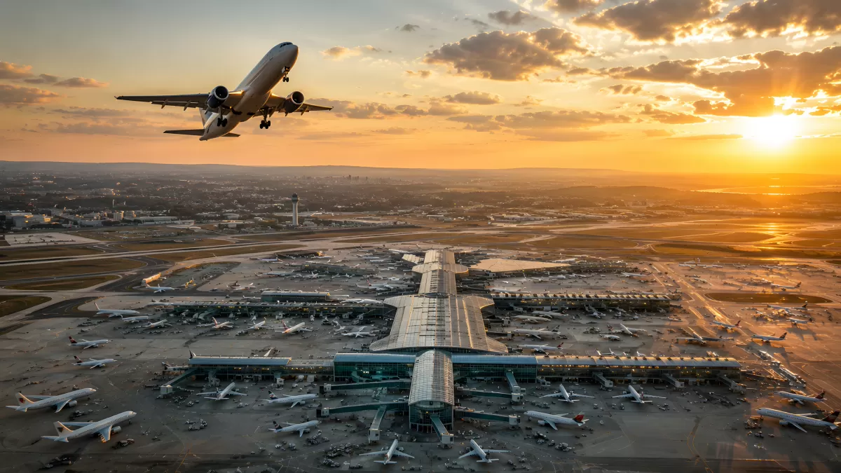 Flugzeug startet bei Sonnenuntergang über großem Flughafen