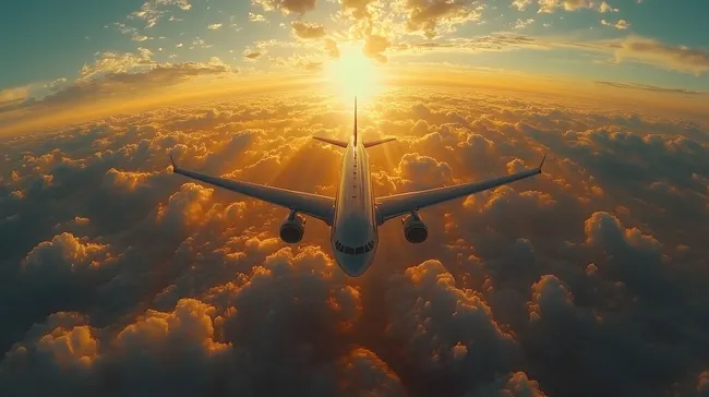 Flugzeug über den Wolken bei goldenem Sonnenaufgang