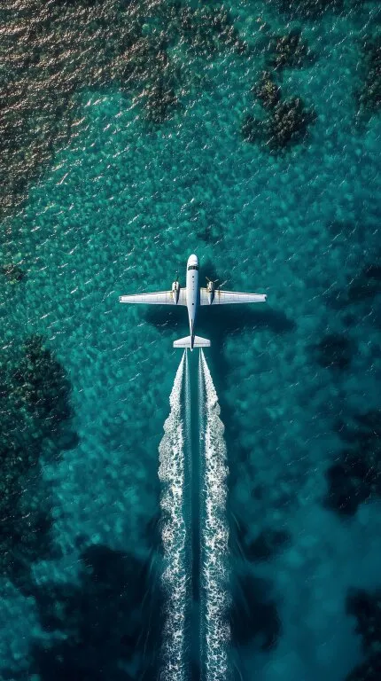 Flugzeug über türkisfarbenem Meer aus der Vogelperspektive