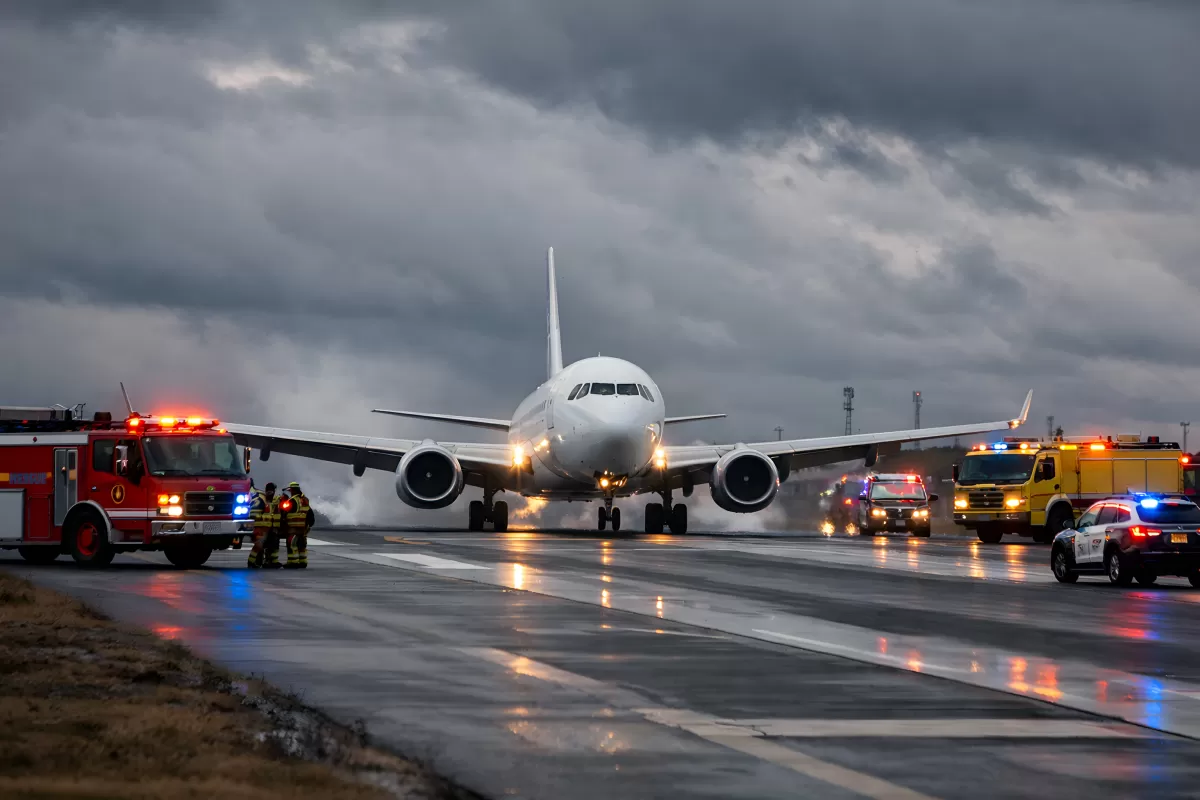 Flugzeug unter bewölktem Himmel auf Flughafen