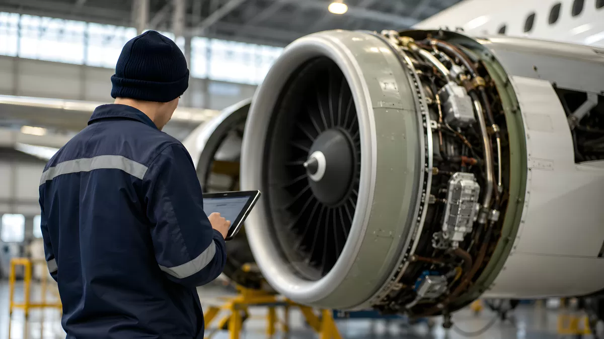 Flugzeugtechniker inspiziert Triebwerk im Hangar