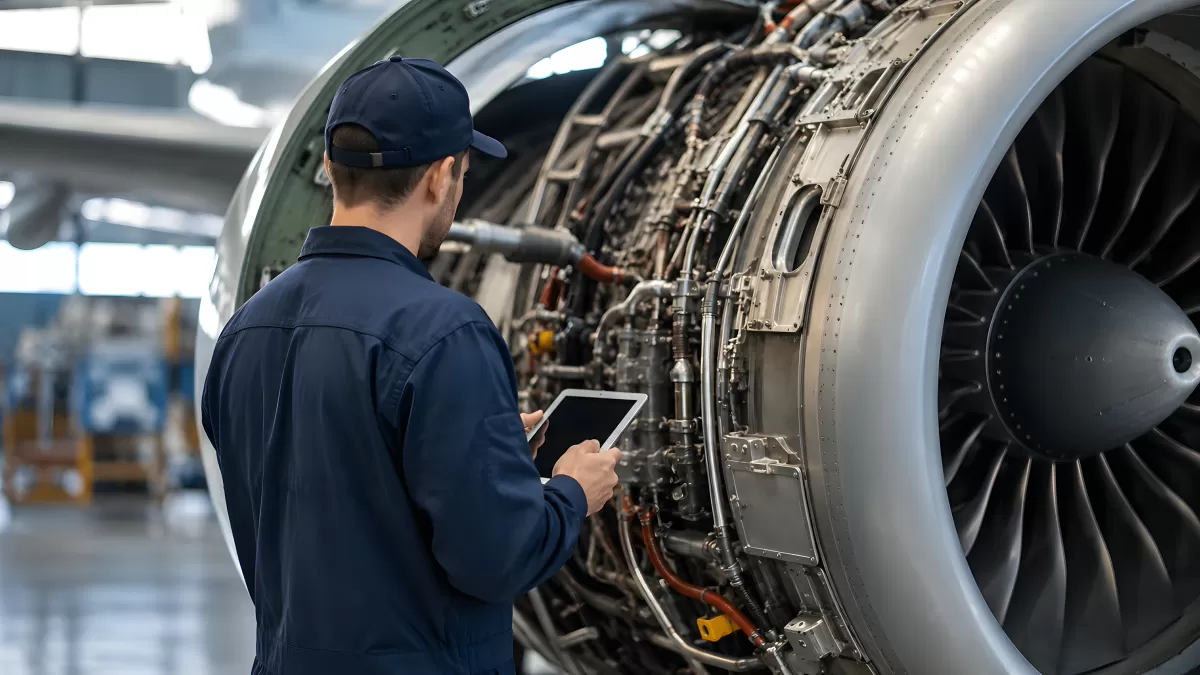 Flugzeugtechniker prüft Triebwerk mit Tablet in Hangar