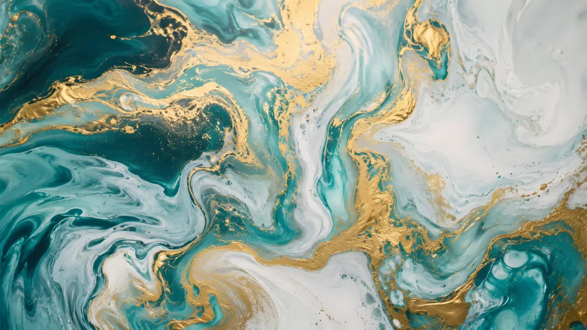 Fluid Art mit Türkis, Weiß und Goldakzenten