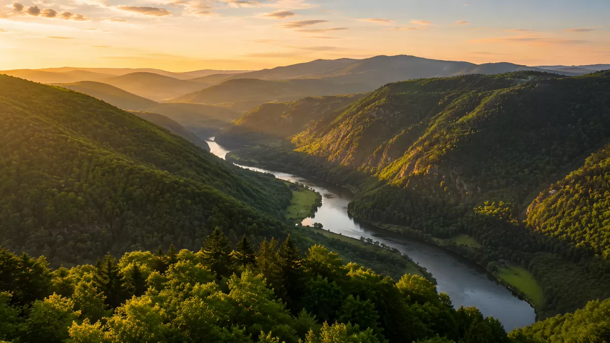 Fluss schlängelt sich durch grünes Bergtal bei Sonnenuntergang