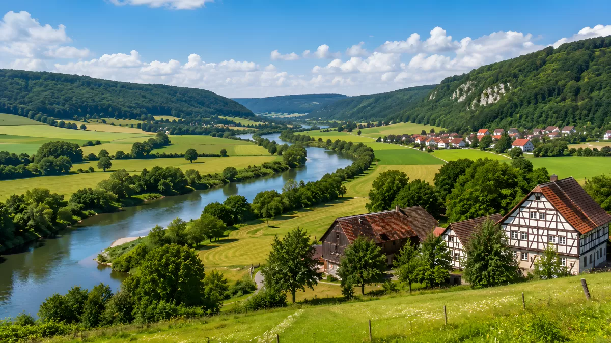 Flusstal mit Fachwerkhäusern und grünen Wiesen